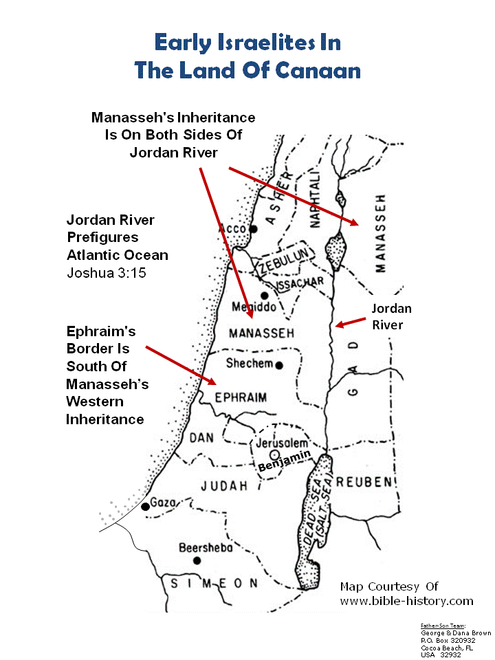 Map of ancient Israel showing Manasseh on both sides of Jordan River and Ephraim south of Manasseh's western inheritance
